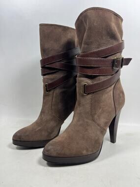 FRYE Boots Womens 9.5M Harlow Multi Strap Suede Leather Platform Heeled Brown